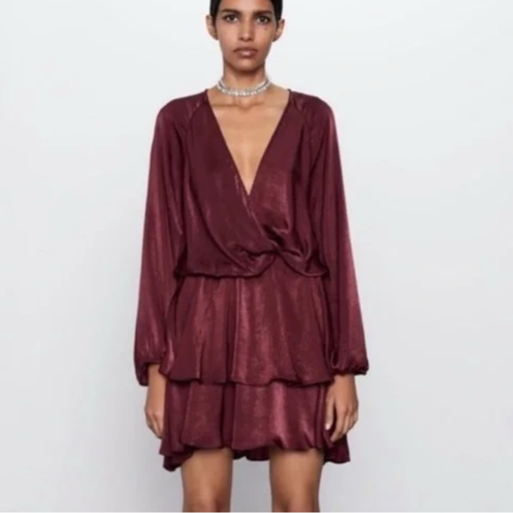 Zara Deep burgundy ruffled tiered Long Sleeve Dress